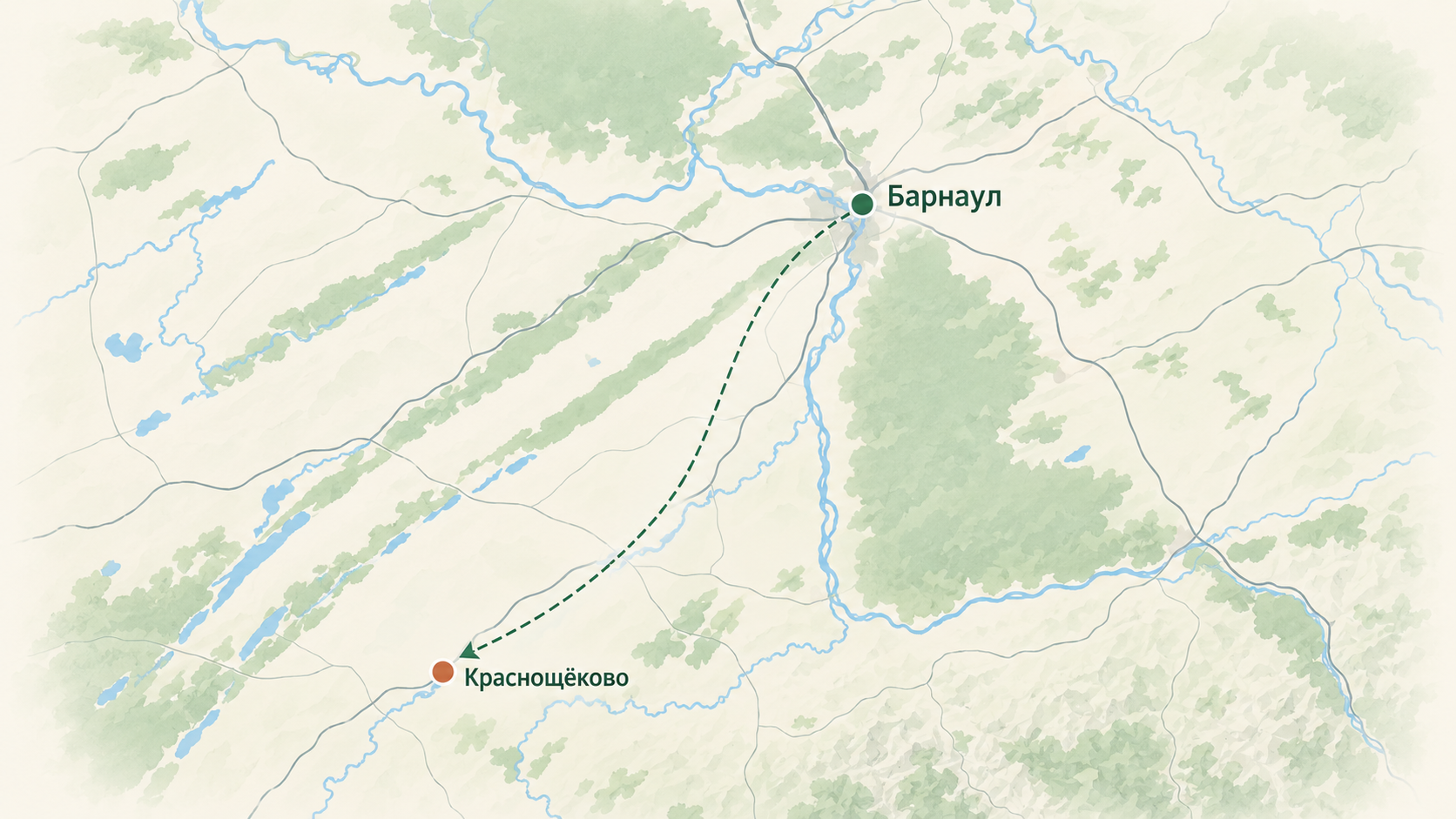 Карта выезда из Барнаула в Краснощёково